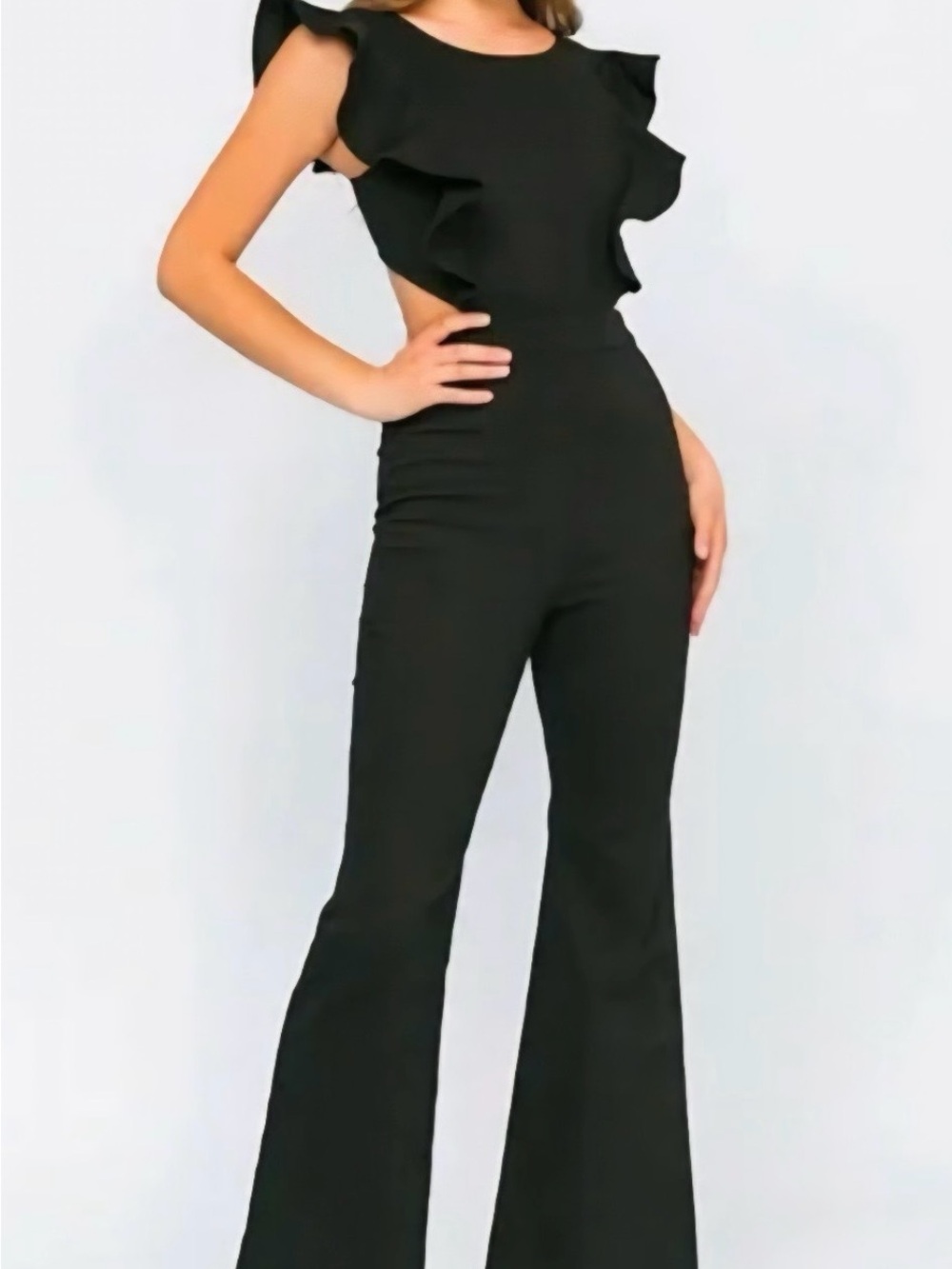Ruffled Shoulder Black Bootcut Jumpsuit